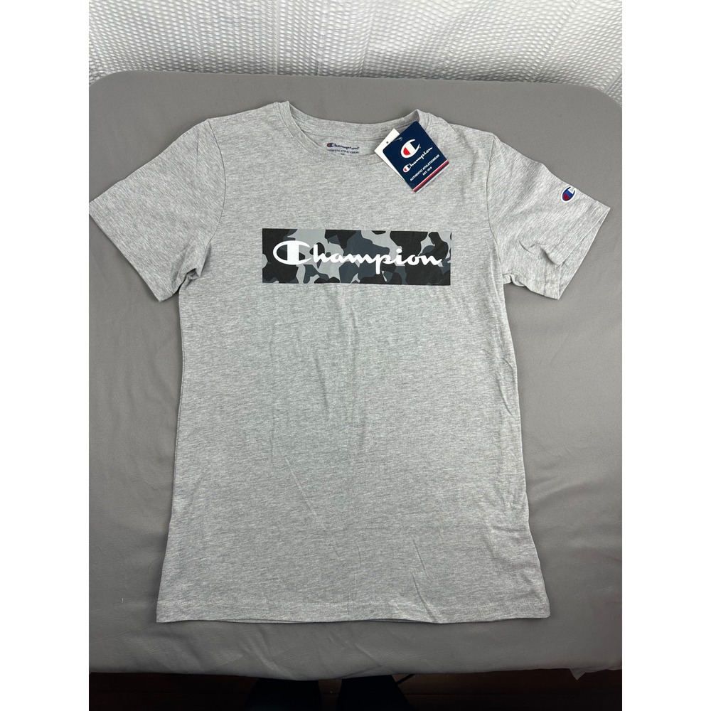 Champion T-Shirt‎ Gray Script Logo/Camo BoysTee Athletic Fit Size:XL NWT